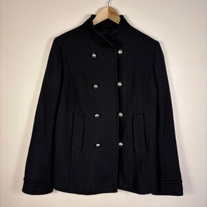 Banana Republic Black Wool Blend Pea Coat Double Breasted Silver Buttons